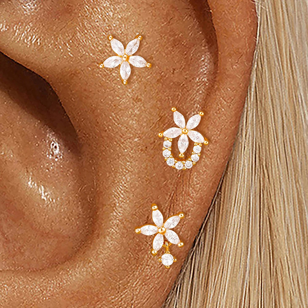3-teiliges Set Neuer Chirurgischer Edelstahl Stern-Blumen Kubisches Zirkonium Tragus Helix Piercing Ohrringe für Damen Modeschmuck Geschenke