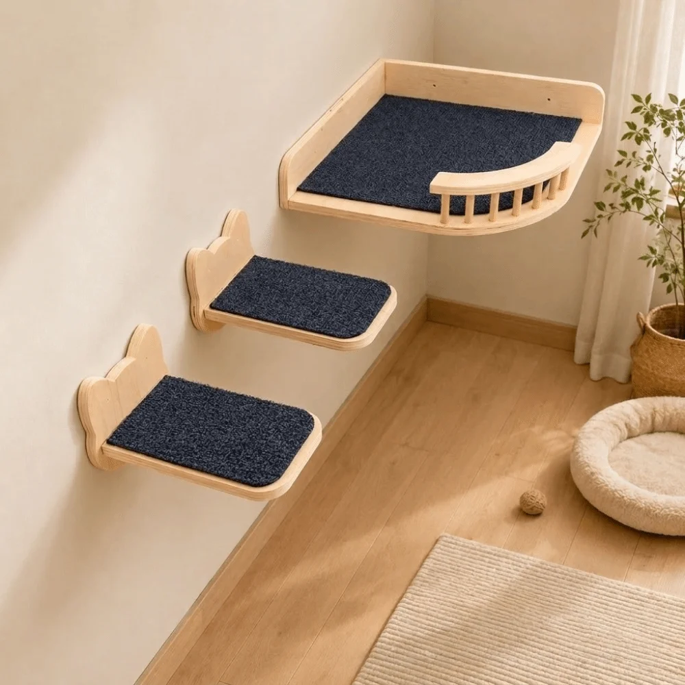 Wooden Wall Mounted Cat Tree Wide Steps Space-Saving Cat Wall Steps Scratching Pads Sturdy Cat Scratching Furniture Indoor Use