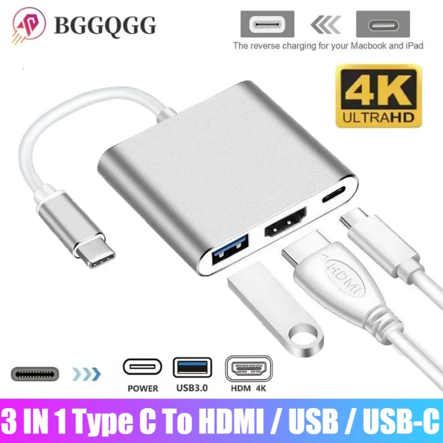 3 in 1 USB-C To USB 4K HDMI PD Adapter Converter Compatible Splitter for Samsung Huawei IPhone IPad Mac Laptop Air Pro Macbook