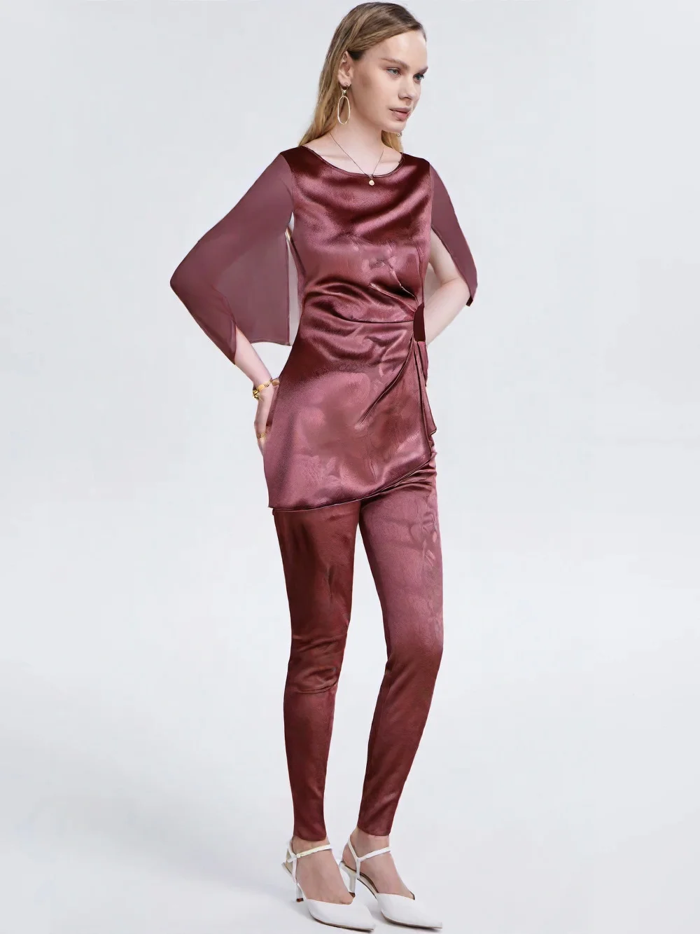 Women's Temperament Two-Piece Set O-Neck Three-Quarter Sleeve Blazer High-Waist Wide-Leg Pants Chic Ruffle Detail Female Outfit