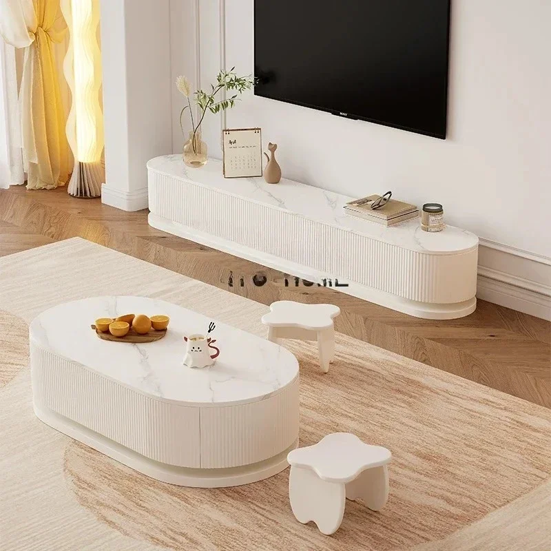 French Cream White Rock Plate TV Cabinet and Tea Table Combination Living Room Oval Floor Cabinet