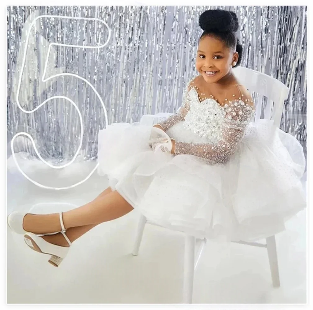 Flower Girl Dress Wedding Dress First Christmas Dress Party Dress Yellow Tulle Long Sleeve Beaded Princess Kids Formal Dress