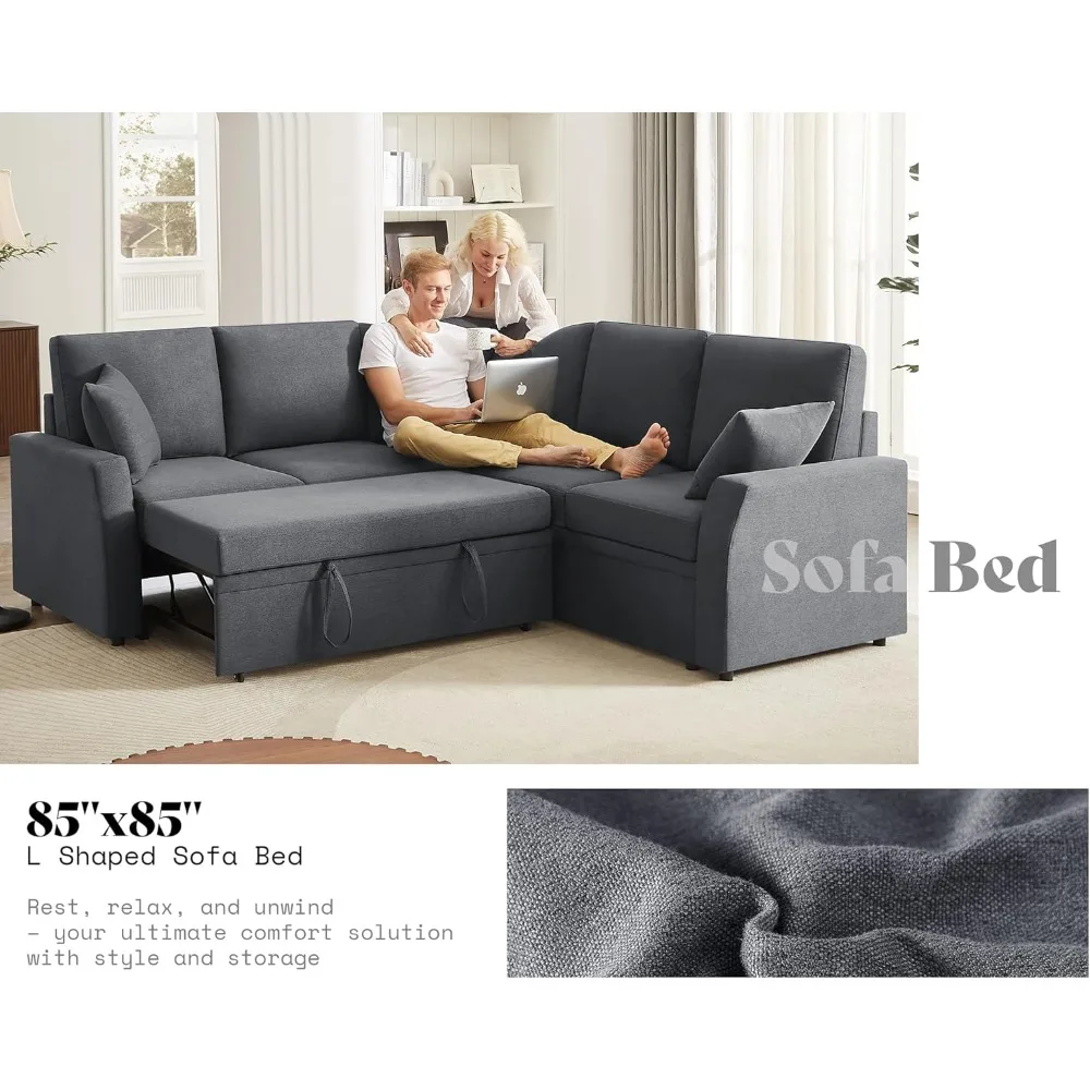 Sofá-cama, sofá reversível em forma de L de 85 polegadas com cama removível e assento de armazenamento, cama secional grande