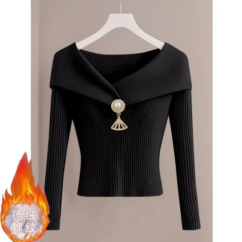 2024 New Lapel Sweater Autumn And Winter Luxury High Temperament Waist Bottoming Knitted Fashion Long-Sleeved Ladies Top