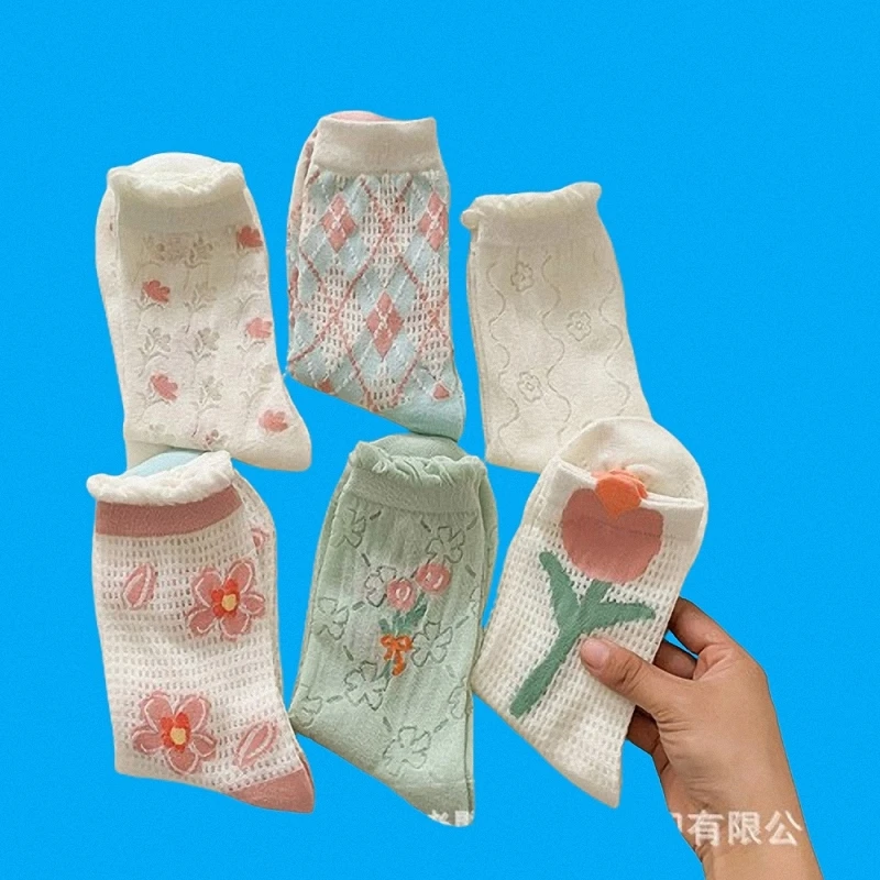 Calcetines de tubo medio para mujer, medias largas transpirables de malla fina, estilo japonés, tulipán, 6/12 pares, novedad de 2024