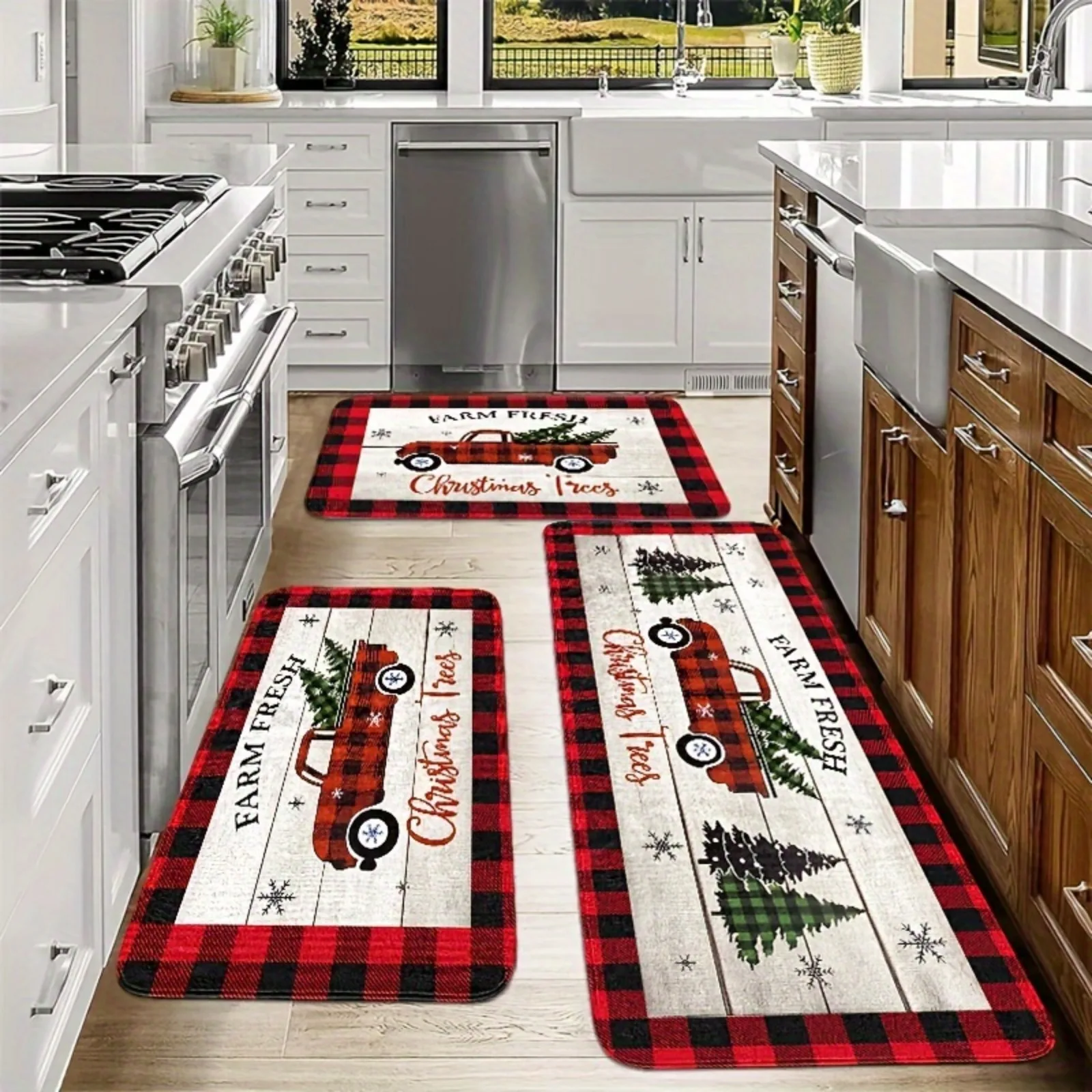 VIKAMA Farmhouse Christmas Kitchen Rug Set Non Slip Washable Red Plaid Pickup Truck Tree Snowflake Mat Holiday Decor