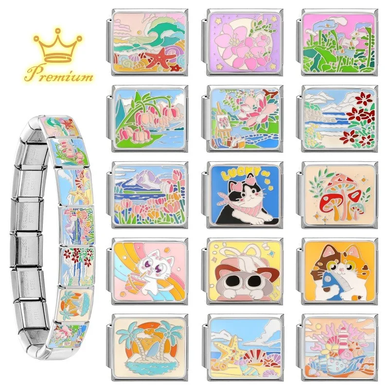 Fashion Romantic Dreamy Pink Flowers Tulip Lake Lily Lotus Italian Charms Fit 9mm Stainless Steel Women Bracelet DIYJewelry Gift