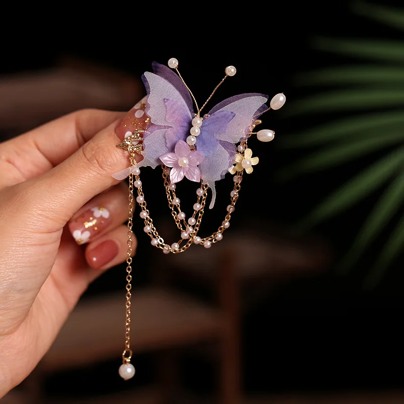 2pcs Purple Butterfly Hair Clips Chinese Pearl Tassel 