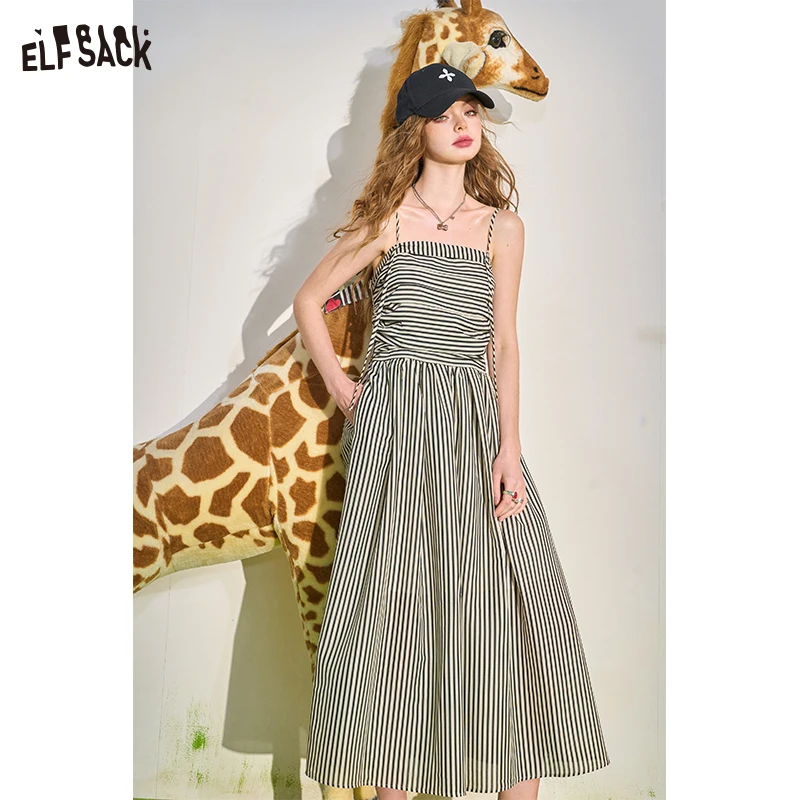 ELFSACK 2024 Summer New Style Stripe Slimming Dress for Women with Waist Waist and Vacation Style Skirt