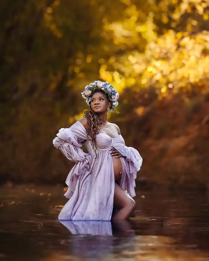 قبالة الكتف كم طويل ألف خط Gravida التصوير فساتين الجبهة الشق الضوء الأرجواني فستان الأمومة لاستحمام الطفل مخصص