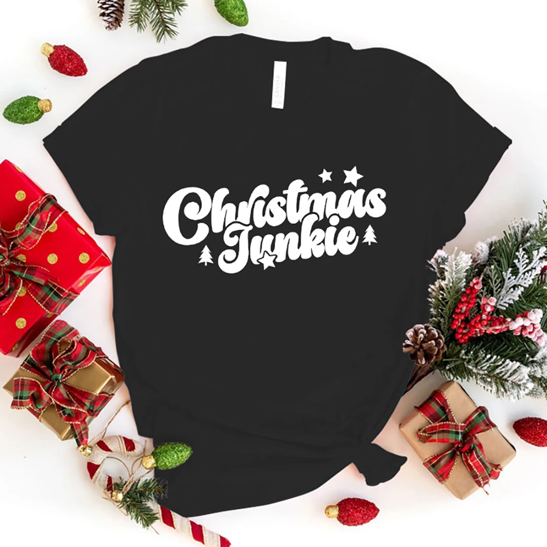 Christmas Junkie Print Tshirt Fashion Casual Short Sleeve Round Neck Tops Women/Mens T-Shirts