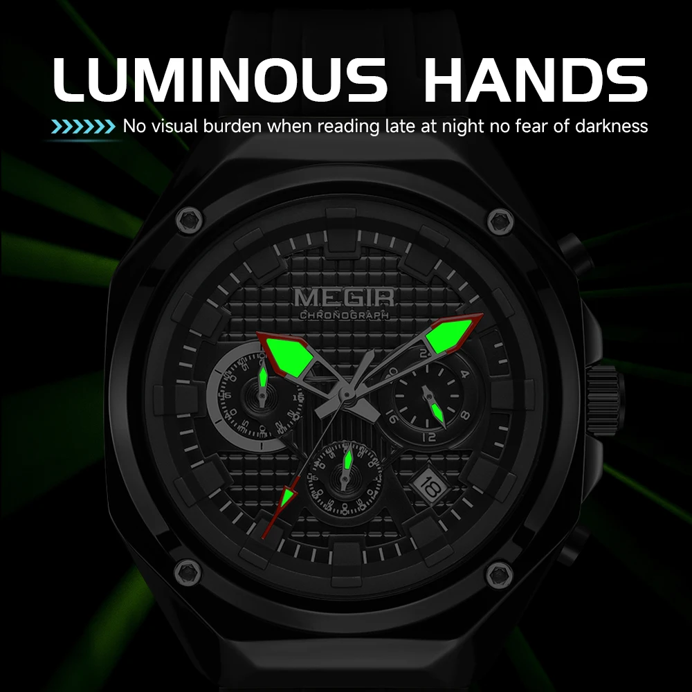 MEGIR كرونوغراف سيليكون حزام الرياضة ساعات كوارتز للرجال 3ATM مقاوم للماء التقويم الذكور ساعة اليد ساعة Relogio Masculino #4