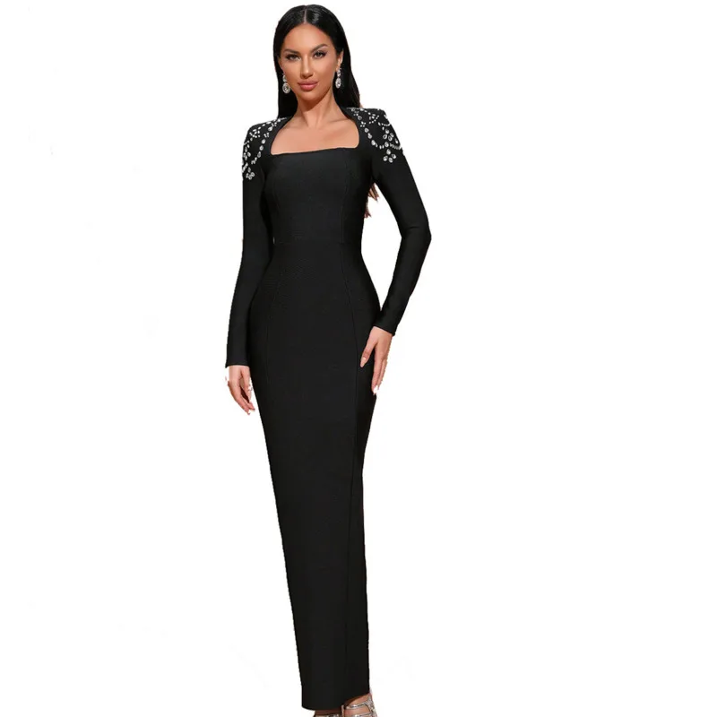 Sukienka maxi damska LEOSOXS z długim rękawem, kwadratowym dekoltem i ozdobami na ramionach, idealna na eleganckie przyjęcia i wieczorne wyjścia.