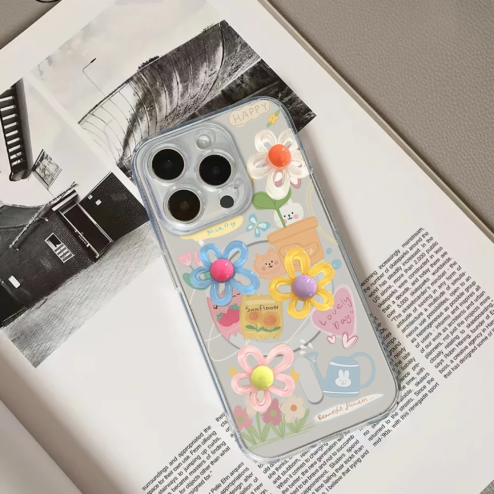 Colorful Flower Oil Painting Style Phone Case for iPhone 12 11 13 14 15 16 Max Pro Plus Magsafe Magnetic Wireless Cover