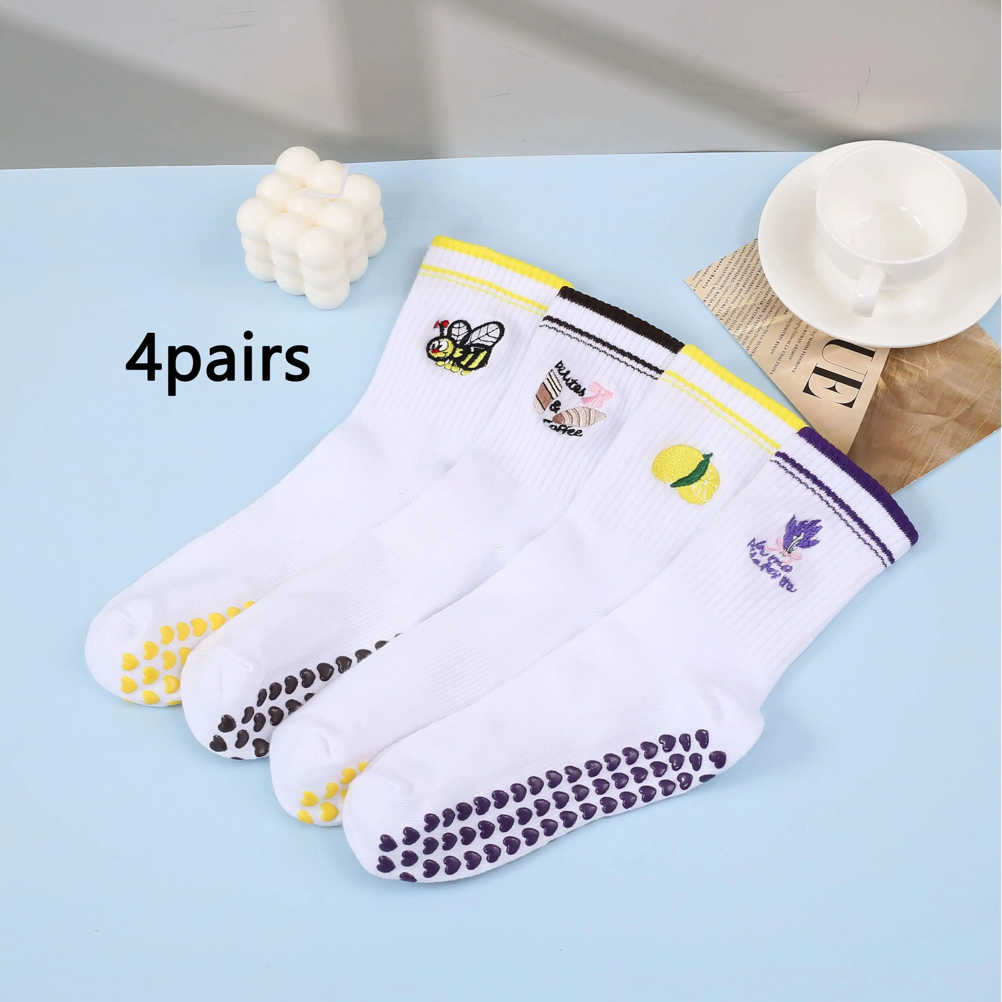 

Нескользящие носки с героями мультфильмов 1/4 двойной упаковки — маленькая пчелка + вышивка лимона, милые и противоскользящие