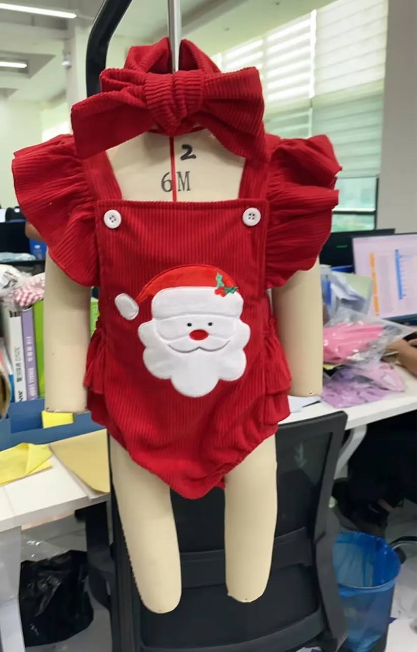 

Infant Baby Girl Overalls Romper Christmas Tree/Santa Embroidered Sleeveless Corduroy Jumpsuits Headband Newborn Clothes