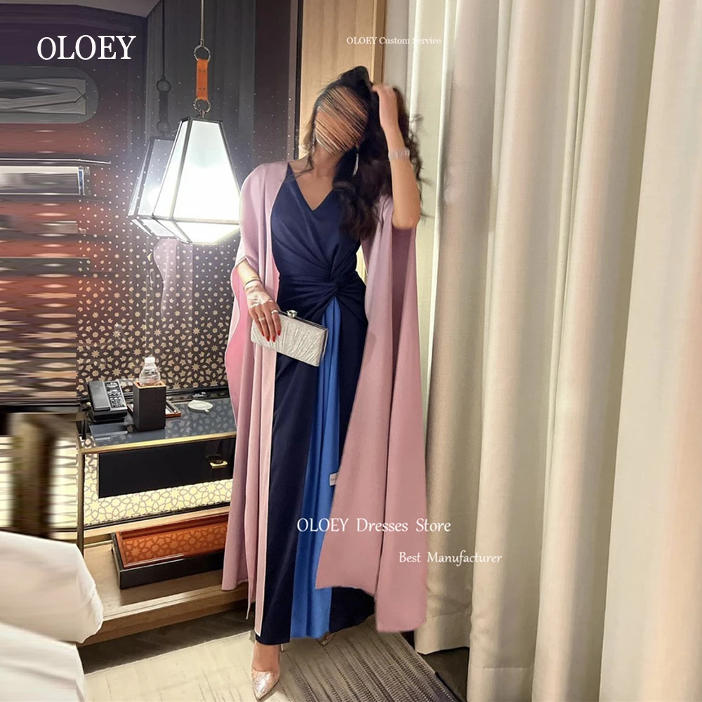 

OLOEY 2023 Simple Saudi Arabic Women Formal Party Evening Dresses Long Cape Sleeves Chiffon&Satin Maxi Prom Gowns Outfit