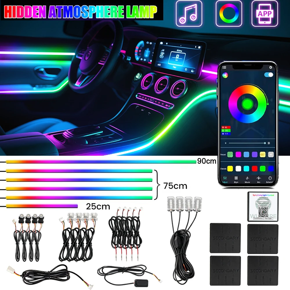 LED Symphony Auto-Innenraum-Umgebungslichter, 18-in-1, vollfarbiger Streamer, RGB, Auto-Dekoration, Atmosphäre, Neonlampe, Musik, APP-Steuerung