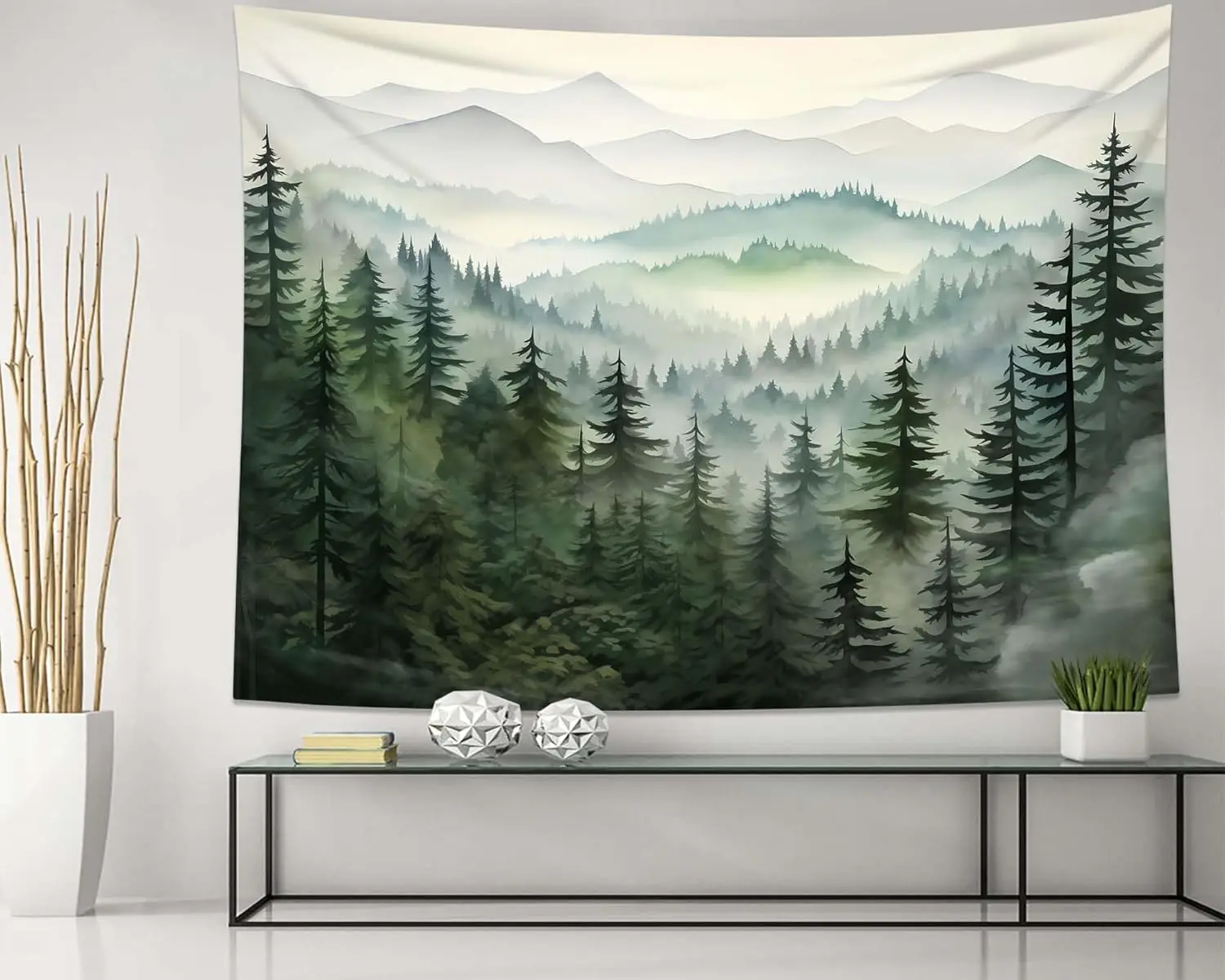 Misty forest tapestry, natural mountains tapestry, bedroom watercolor landscape, beautiful men's living room sage green