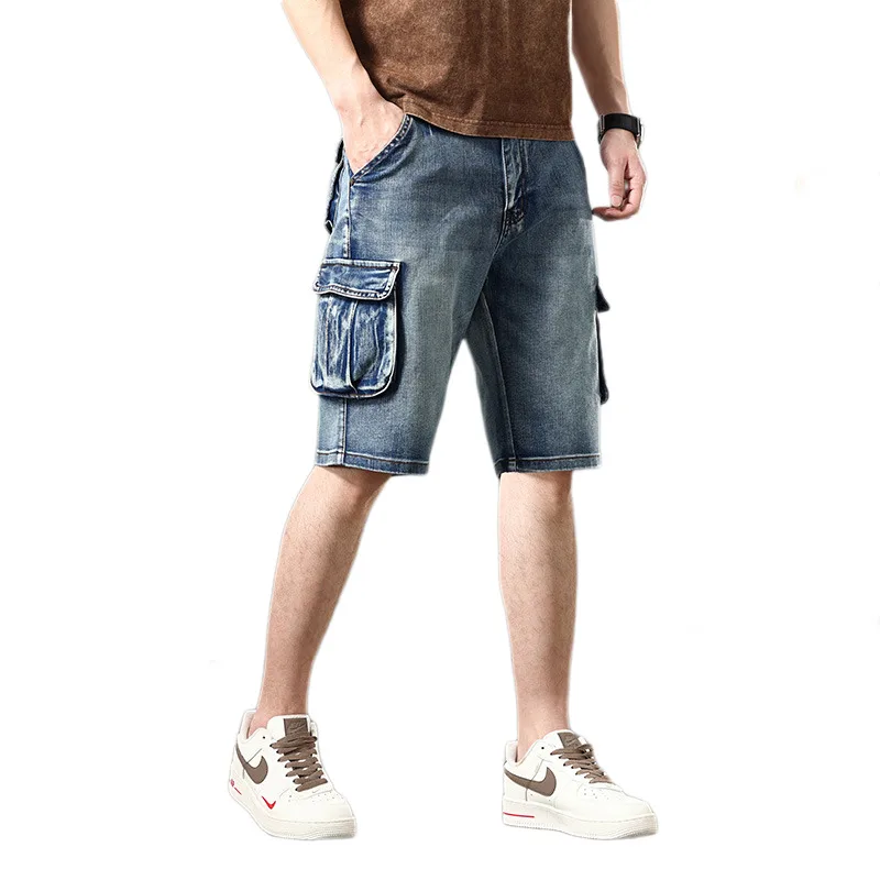 

Men's loose and loose denim shorts, men's denim shorts for street wear, 3/4 long Capri cargo shorts with pockets, Bermuda men's