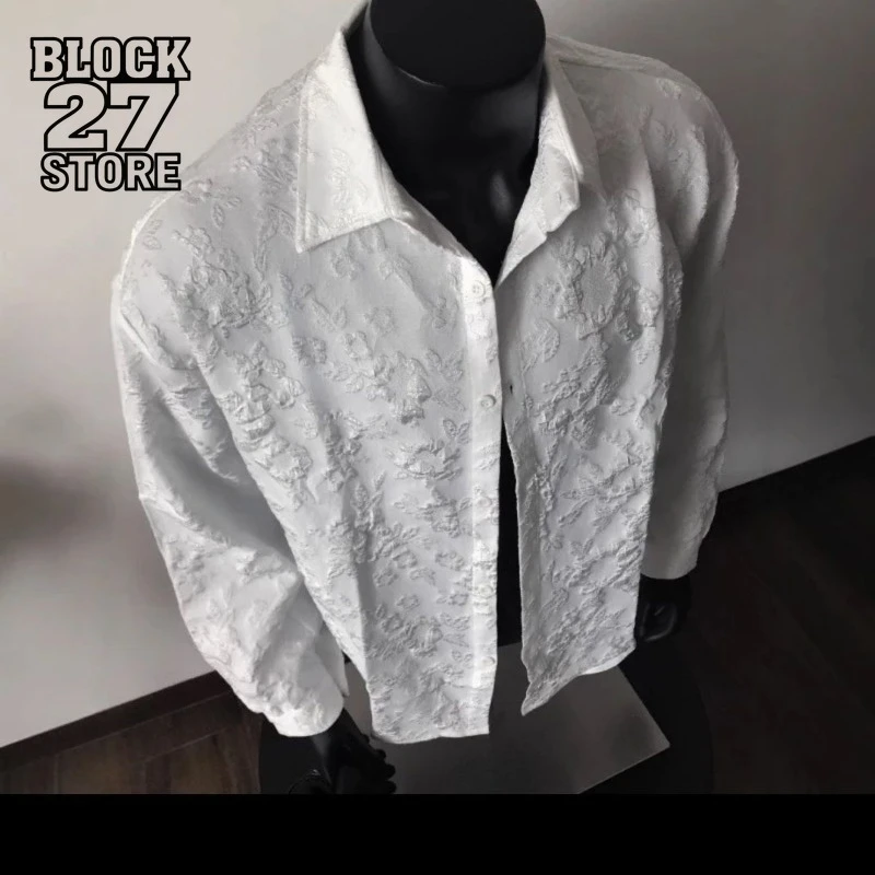 Mens Long Sleeve Shirt Harajuku Embossed Streetwear Loose Fit Turn Down Collar Autumn Retro Casual Fashion Outerwear Top Design