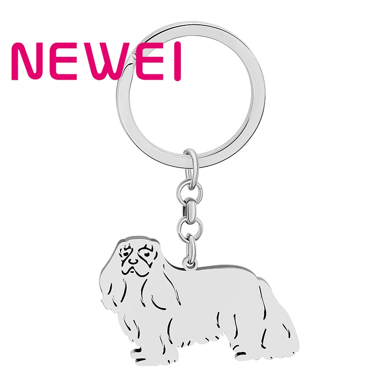 NEWEI Stainless Steel Keychains Silver-plated Cavalier King Charles Spaniel Kawaii Pet Jewelry For Women Animals Charms  Gifts