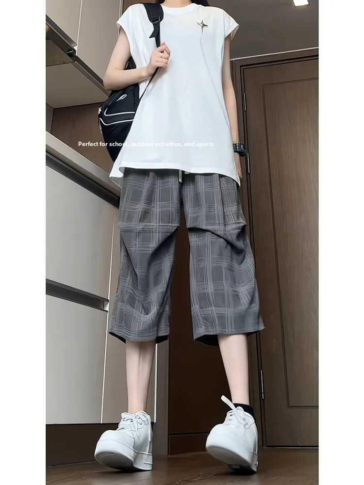 New Chinese Style Plaid Loose Sporty Quick Dry Folded Wide Leg Pants Seven-Foot Shorts Men's Summer Design Sensation Drape Loose