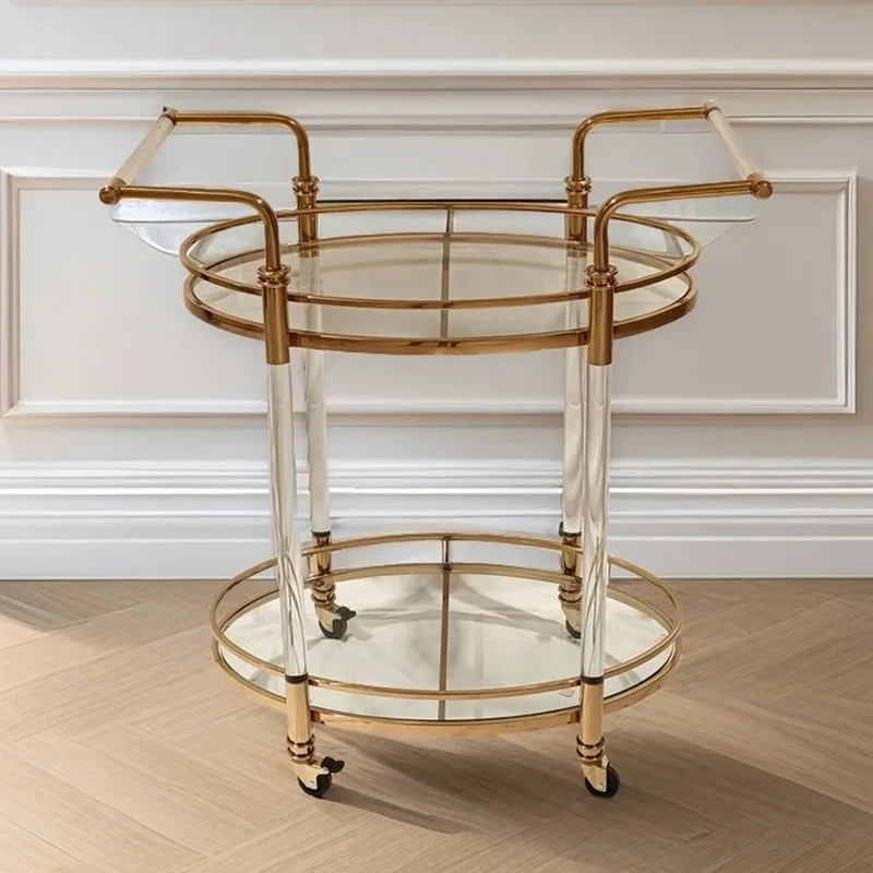 عربة النبيذ الأكريليك الأوروبية ذات الطبقة المزدوجة لبار الفندق عربة رف متنقلة معدنية خفيفة عربة طعام فاخرة من الفولاذ المقاوم للصدأ #3