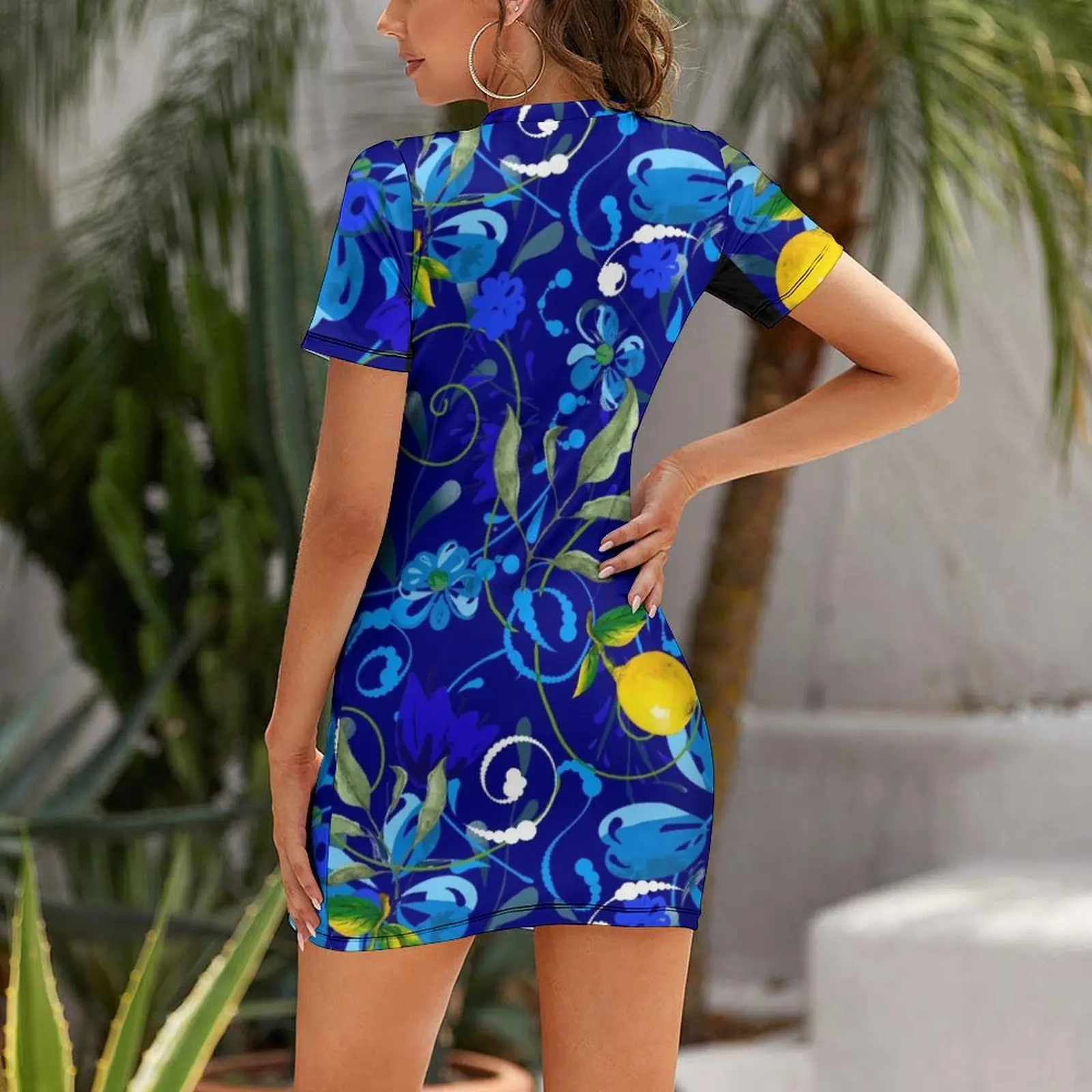 Watercolour flowers,lemons,citrus ,summer pattern Short Sleeved Dress evening dress women summer dresses womens 2024