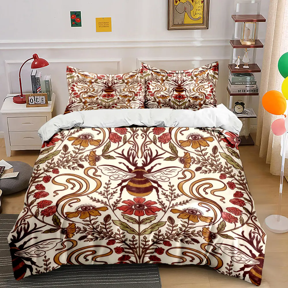 

Floral Bee Pattern Home Decor Bedding Set with 1 Duvet Cover 2 Pillowcases Single Double King Queen, Gift