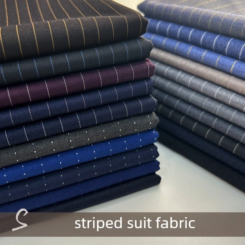 High Quality Striped Worsted Suit Fabric By The Meter for Clothing Pants Vests Sewing Good Drape Wrinkle Resistant Cloth Black