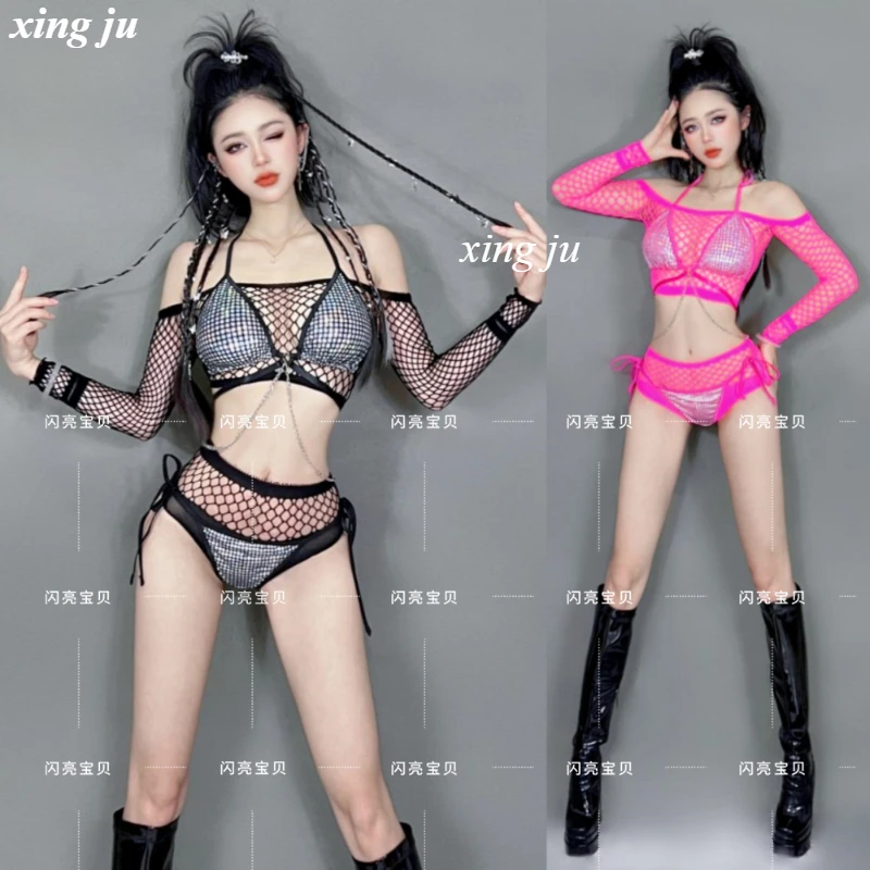 Nachtclub DJ Sexy Rosa Durchsichtige Hollow Out Tops Enge Schnürshorts Damen Festival Kleidung Bühnenkostüm Pole Dance Outfits