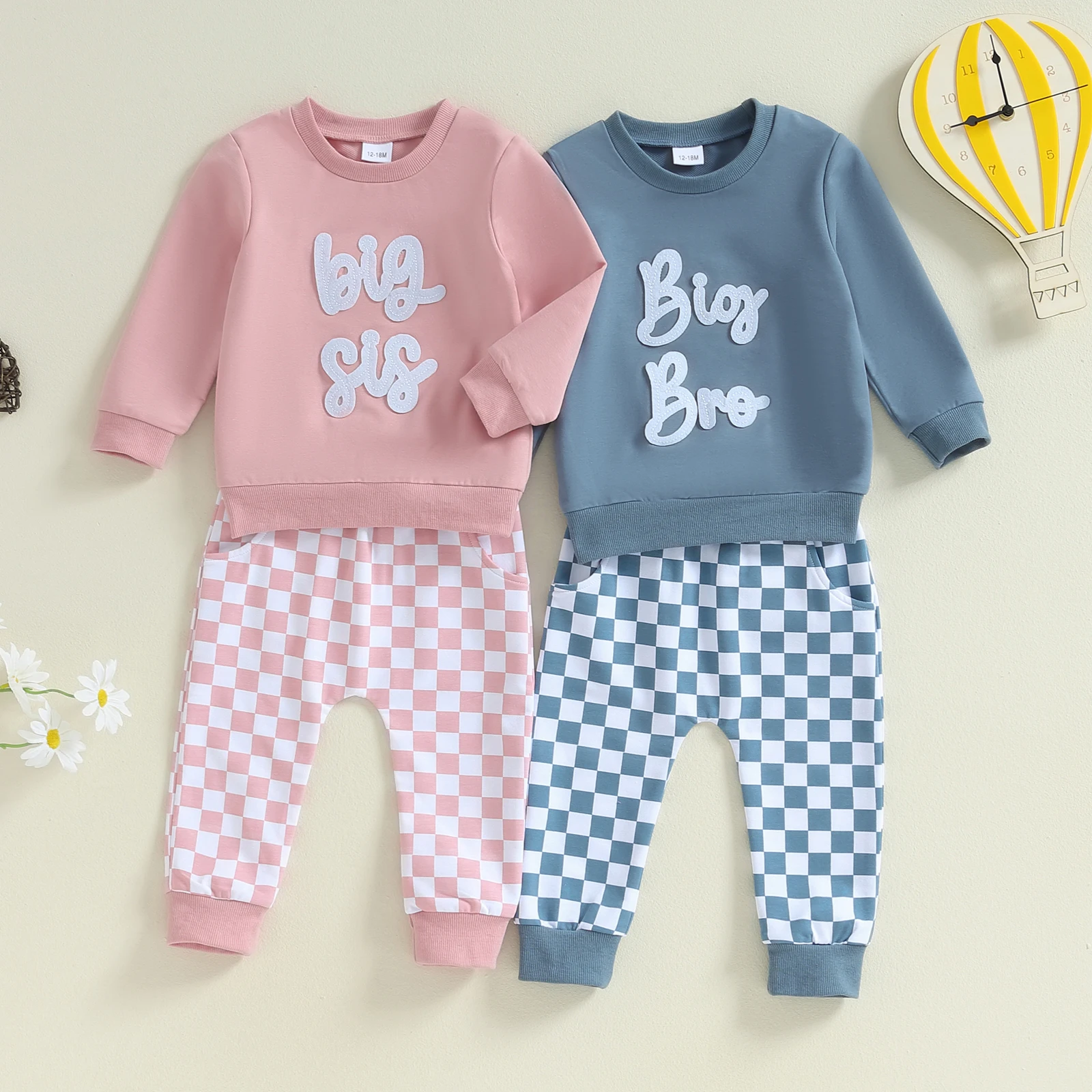 Big Sister Fall Winter Outfit Toddler Baby Girl Sweatshirt Jumper Checkerboard Trouser Clothes Set Tracksuit