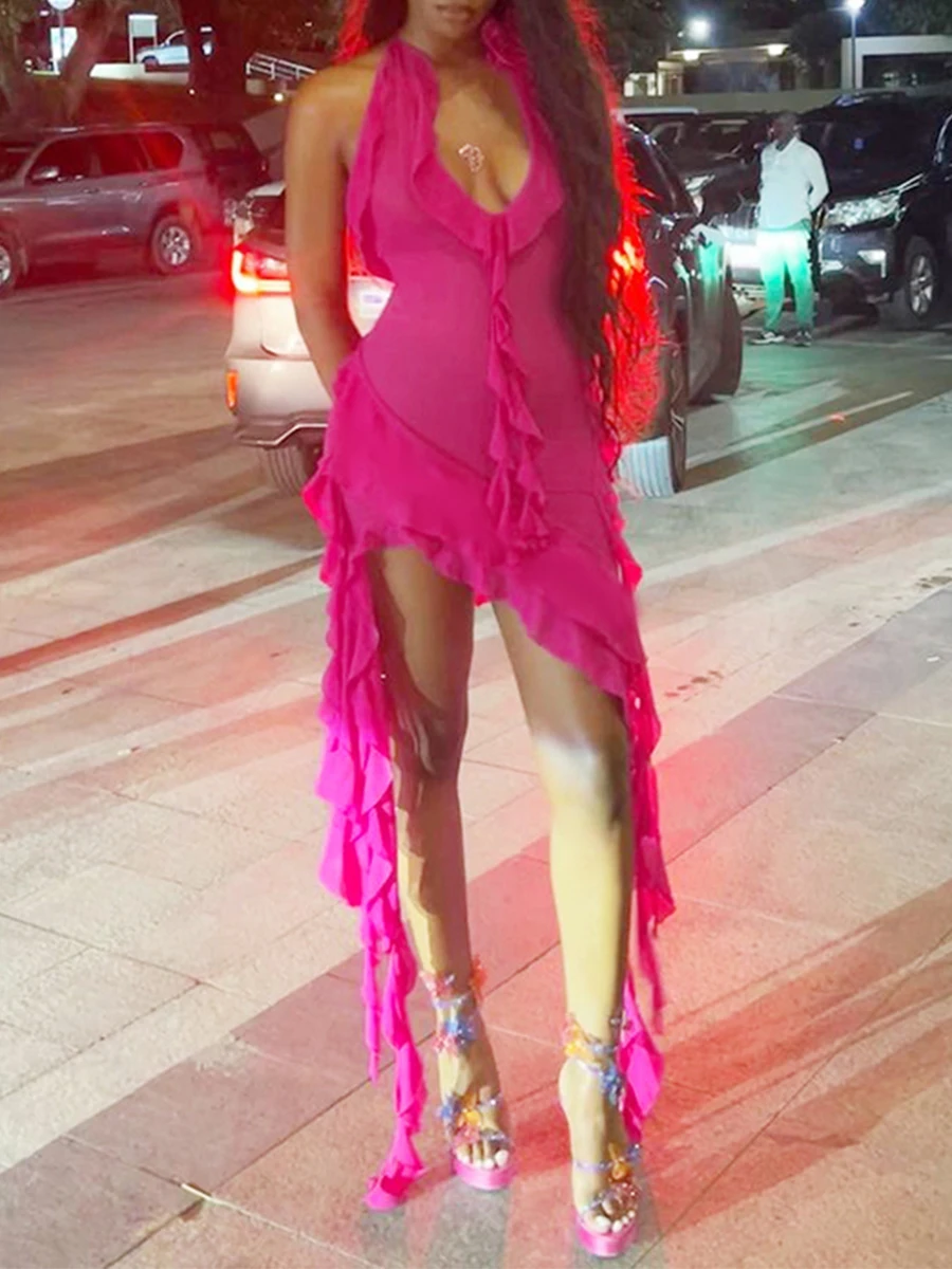 เดรสยาวคล้องคอเซ็กซี่สำหรับผู้หญิงชุดเดรสแขนกุดผ้าโปร่งเสื้อชุดเดรสปาร์ตี้ลายดอกกุหลาบแบบไม่สม่ำเสมอ