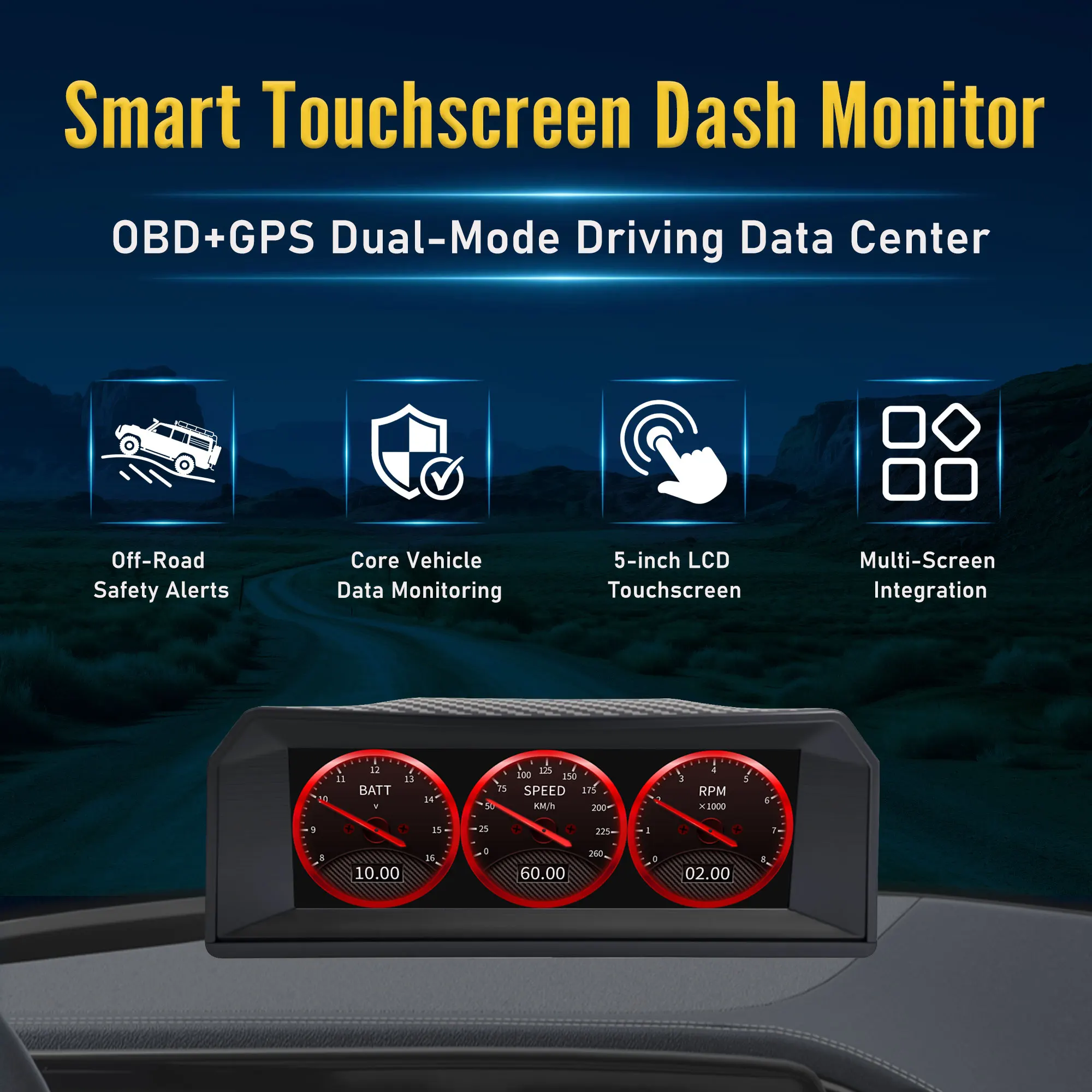 Windshield X300 HUD OBD+GPS Samrt Touchscreen Odo Monitor with Overspeed/Battery /Gear Shift /WaterTemp/Shift Max Limit Alarm