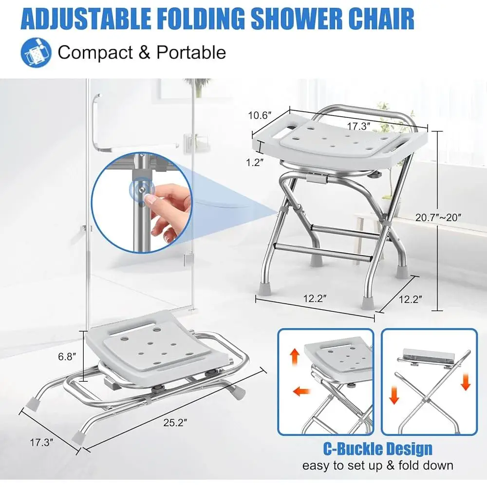 كرسي استحمام قابل للطي قابل للتعديل من الفولاذ المقاوم للصدأ 400 رطل تصميم شديد التحمل ومضاد للانزلاق مقعد استحمام محمول مع العارضة لكبار السن