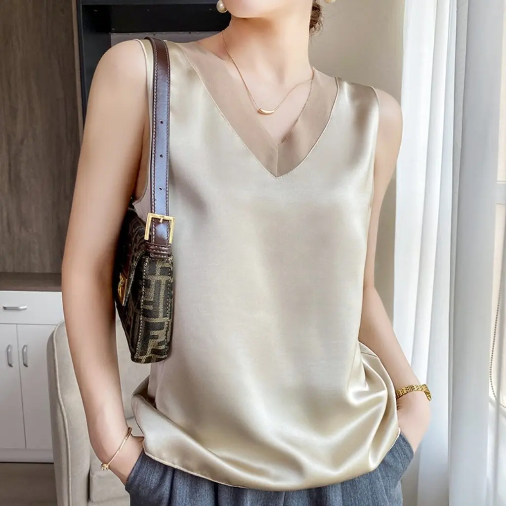 

Women's Spring Sweet V-neck Mesh Stitching Halter Top Wide Shoulder Small Vest Ice Silk Base Shirt