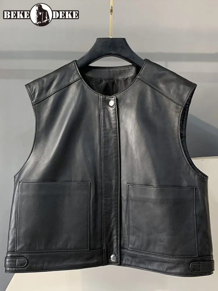 

Leisure Style Solid Color Genuine Leather Round Neck Top Quality Vest Loose Sheepskin Pockets Sleeveless Female Outerwear