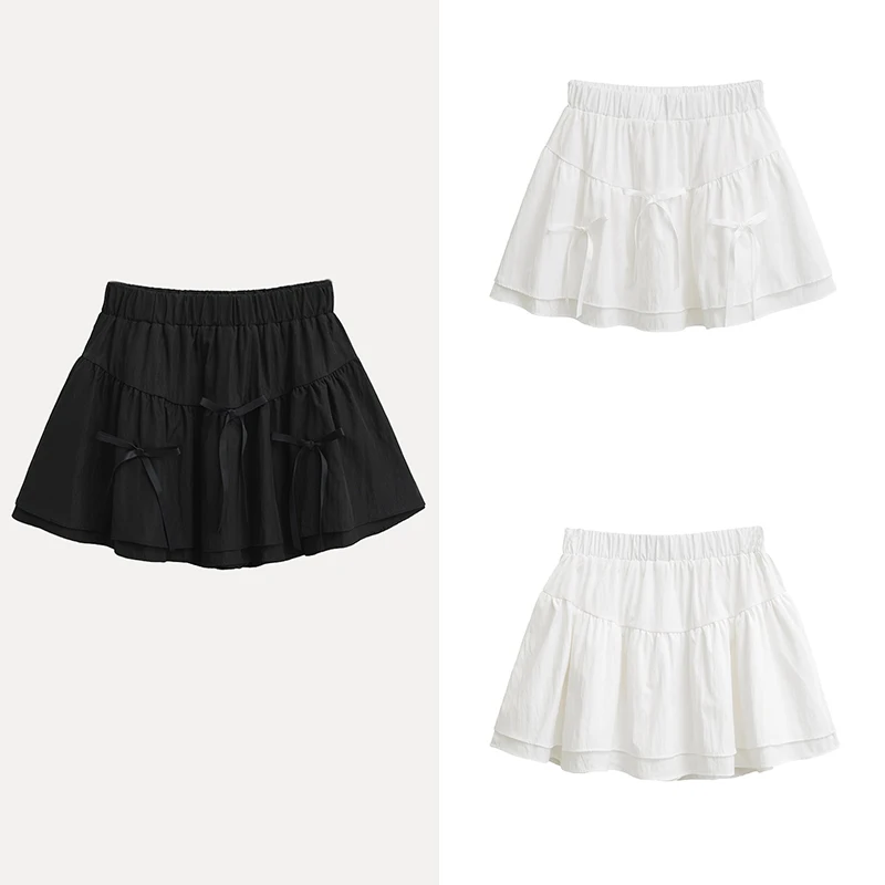 

Summer 2025 New Women's ort Puffy Skirt with Knot Design And Pleats Girl's High Waist Cake Skirt Loose Fit Polyester