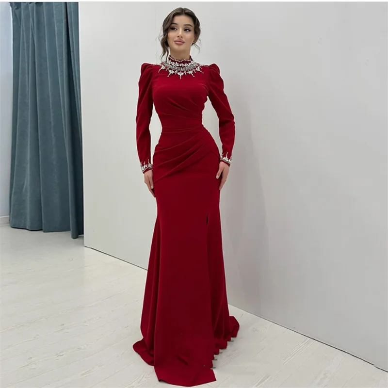 

High Neck Full Sleeves Red Evening Dress فساتين سهرات Customized Crystal Beading Sweep Train Mermaid Prom Gown
