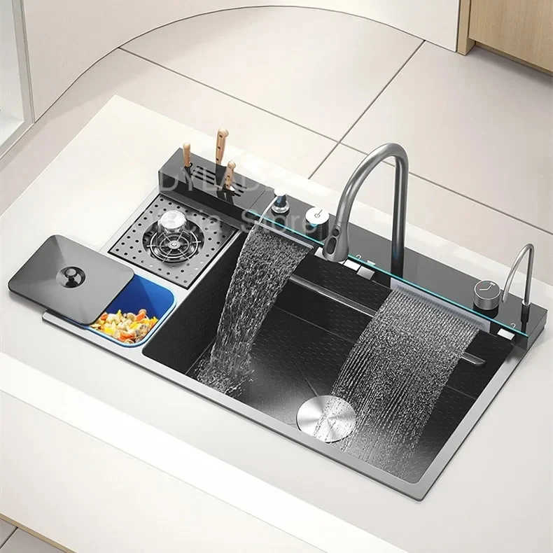 

Multifunctional Kitchen Sink Steel Large Single Slot with Trash Can Waterfall Faucet Dishwashing Basin