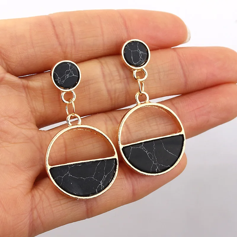 Marbling Acrylic Drop Earrings for Women Metal Round Circle Inlaid Semicircle Dangle Earrings Fashion Vintage Party Jewelry Gift