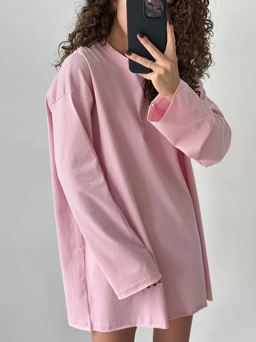 Classic Cotton T-shirt 2024 Spring New Women's Loose Casual Versatile Solid Color OverSize O-Neck Long Sleeved Bottom T-shirt