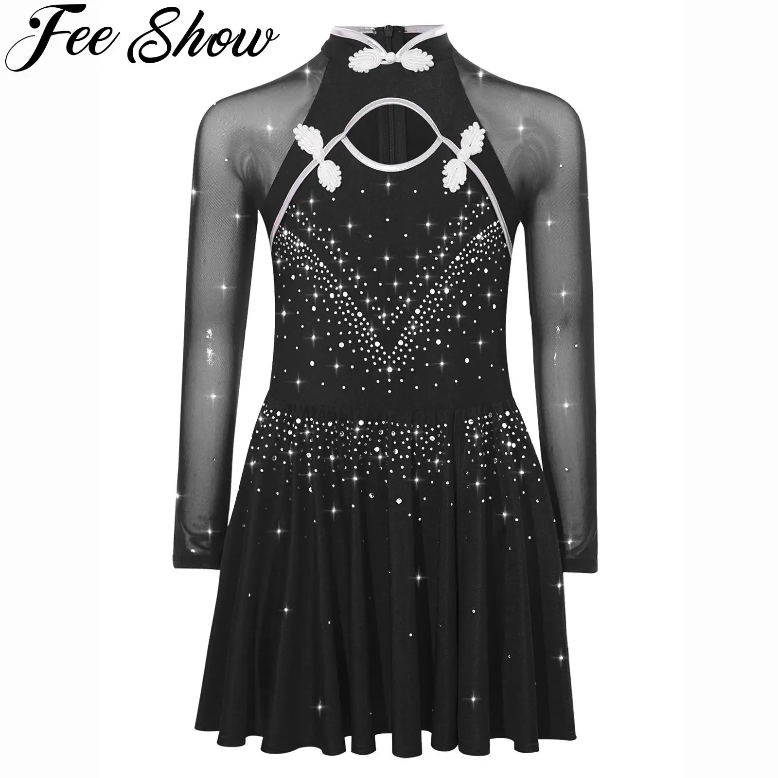 

Детское платье для лирического балета и танцев для девочек, костюм для художественной гимнастики, костюм для фигурного катания, блестящий прозрачный сетчатый купальник со стразами и длинными рукавами