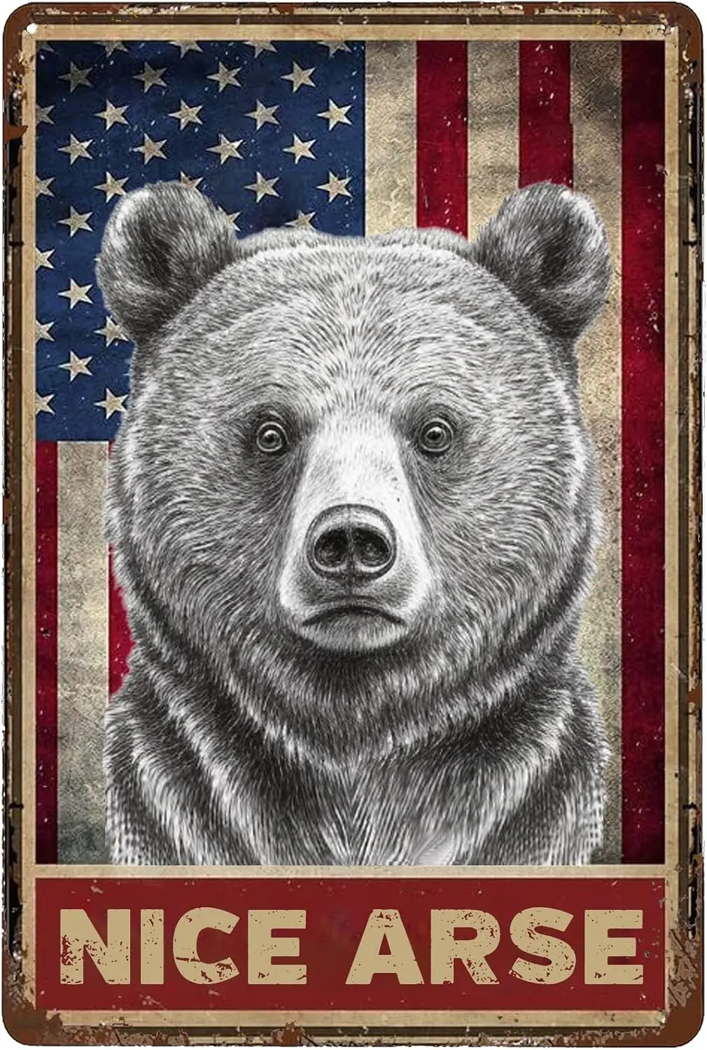 Patriotic Bear Metal Plaque 8X12IN - American Flag Wall Decor for Wedding Front Yards & Political Humor Outdoor Signage