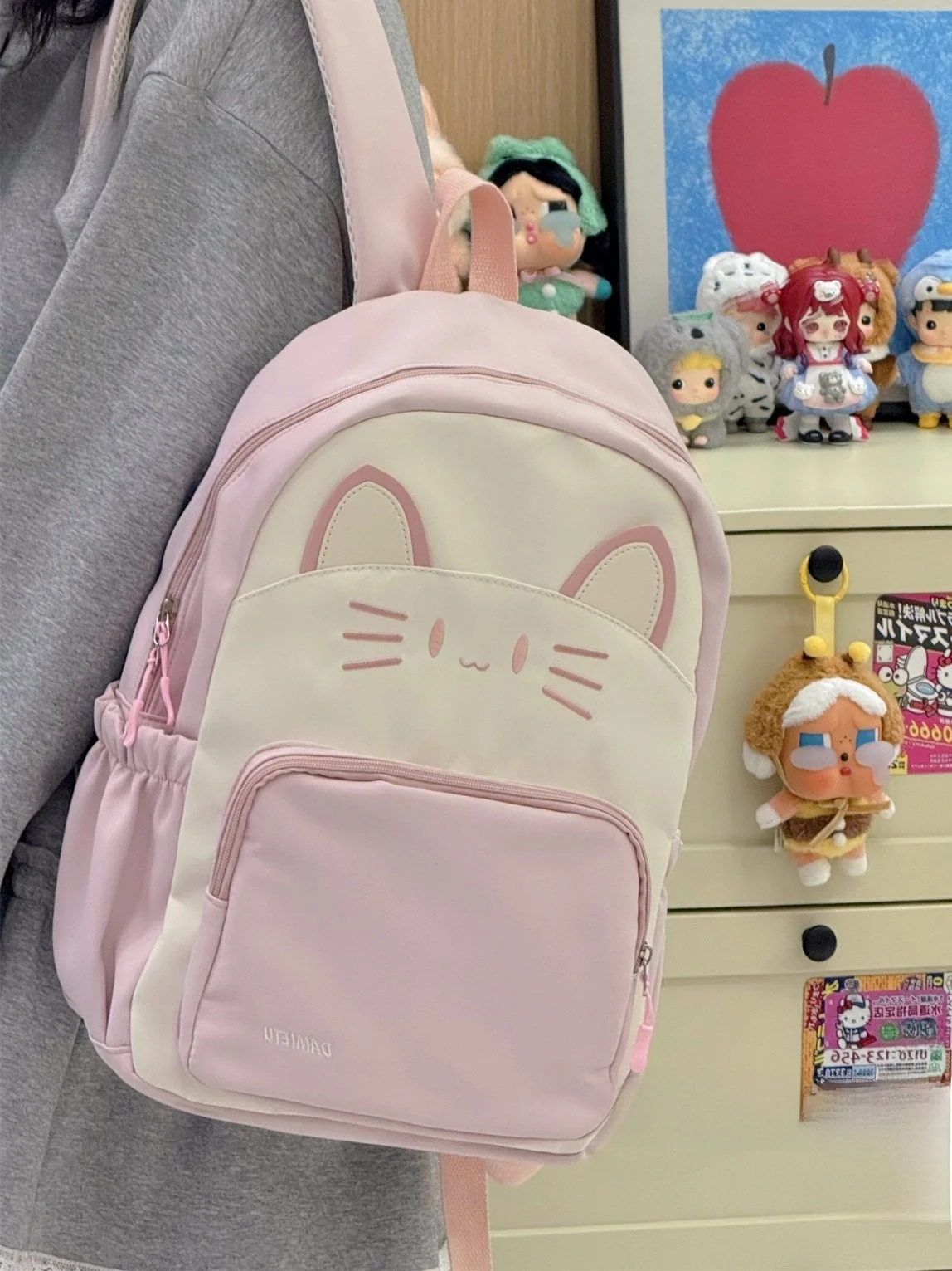 かわいい猫プリントのバックパック-軽量トラベルバッグ-女の子用-学生通勤用スクールバッグ-複数のコンパートメントとジッパー開閉付き