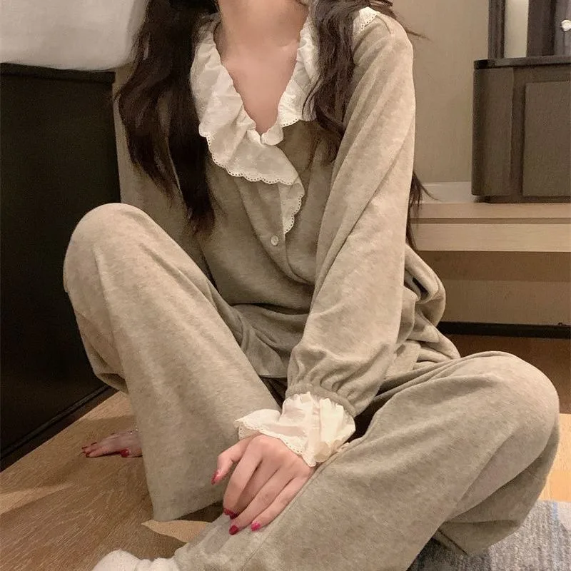 2024 Latest Korean Style Pajamas Sweet Spring Autumn Sleepwear WomenLong Sleeve Solid Color Home Suit V-neck Lace Nightdress