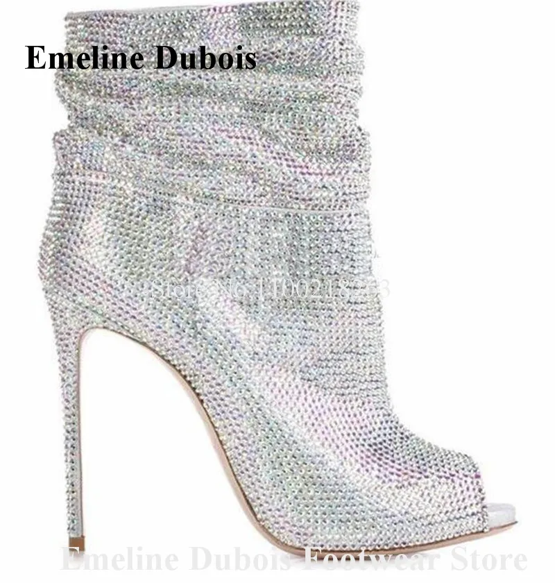 

Bling Bling Rhinestones Short Boots Emeline Dubois Peep Toe Shining Silver Blue Gold Crystals Stiletto Heel Ankle Booties