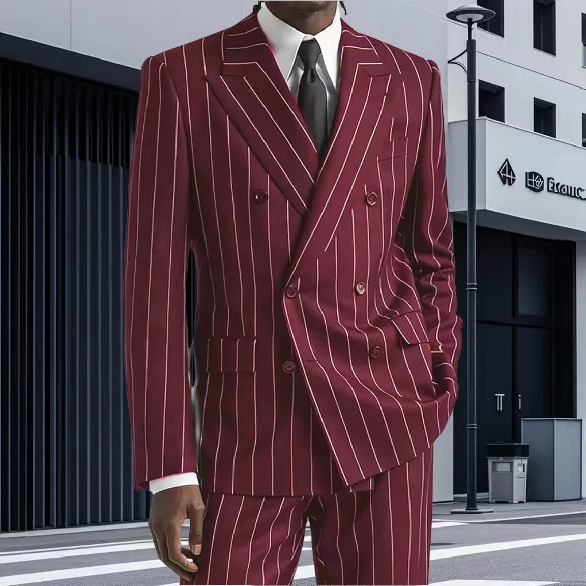 Classic Striped Suits  Vertical Striped Double Breasted Slim Fit High Quality Male Banquet Prom Clothing