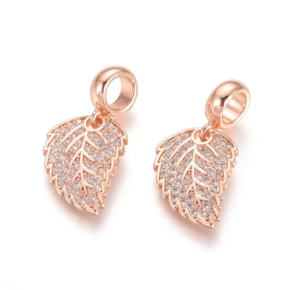 

Brass Micro Pave Cubic Zirconia European Dangle Charms Large Hole Pendants Leaf Clear Rose Gold 26mm Leaf: 17x12.5x1.5mm